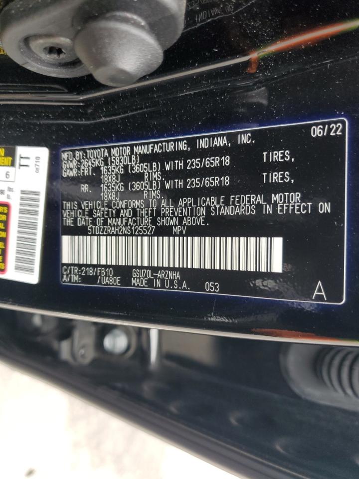 2022 Toyota Highlander L VIN: 5TDZZRAH2NS125527 Lot: 86167905