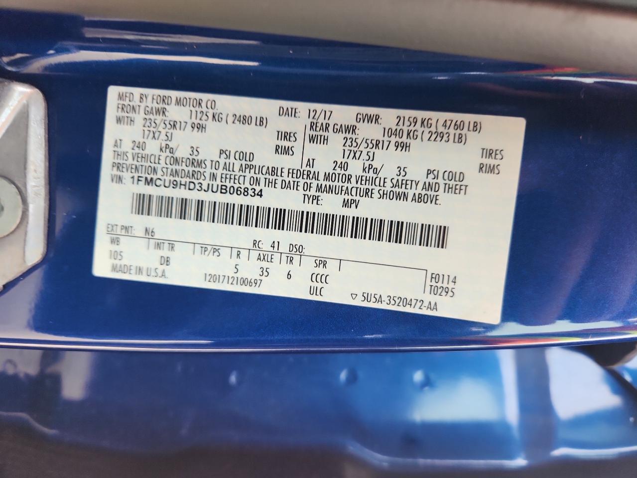 2018 Ford Escape Sel VIN: 1FMCU9HD3JUB06834 Lot: 81944525