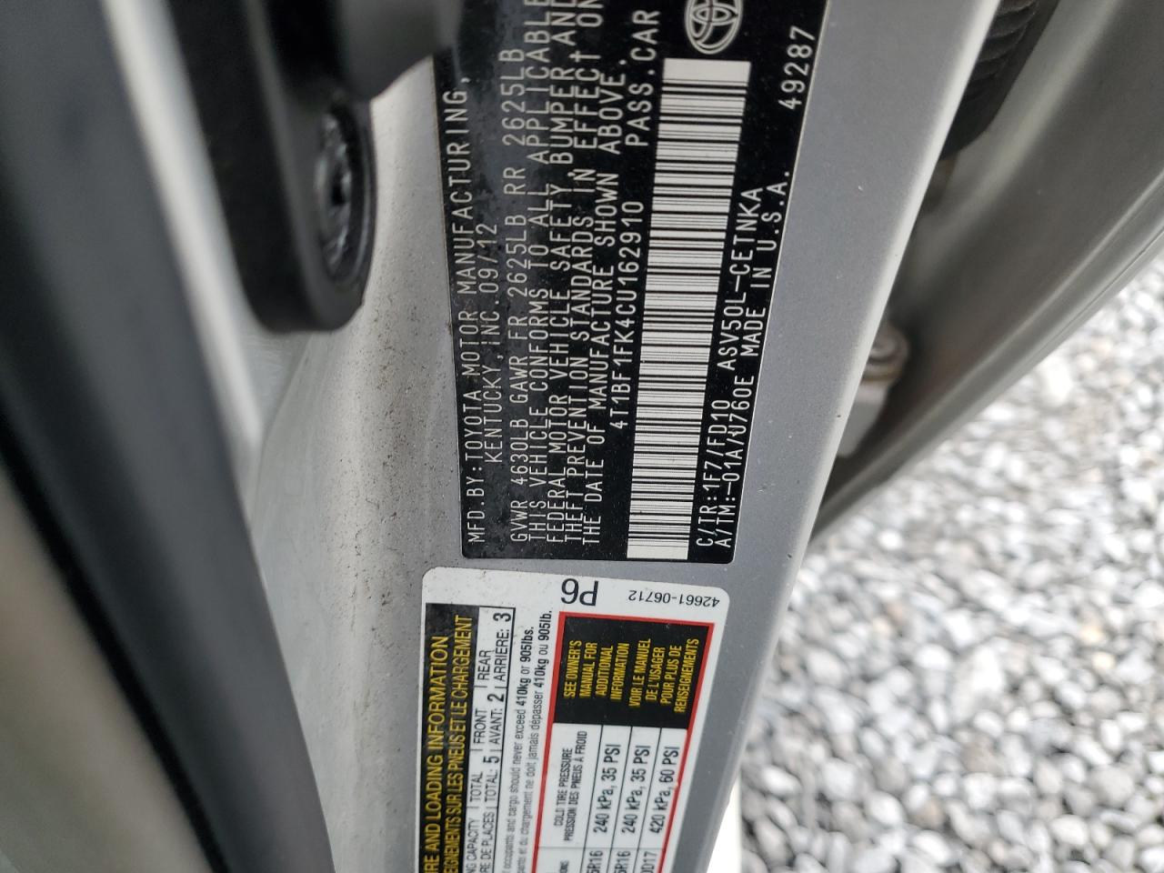 2012 Toyota Camry Base VIN: 4T1BF1FK4CU162910 Lot: 85598485