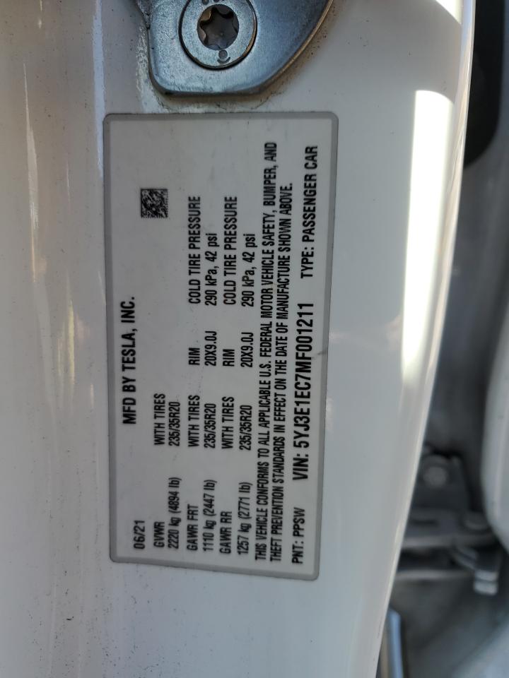 2021 Tesla Model 3 VIN: 5YJ3E1EC7MF001211 Lot: 84995295