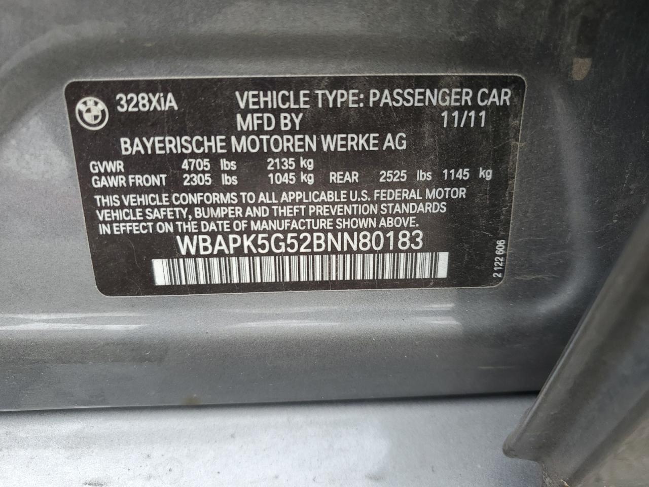 2011 BMW 328 Xi Sulev VIN: WBAPK5G52BNN80183 Lot: 82180875