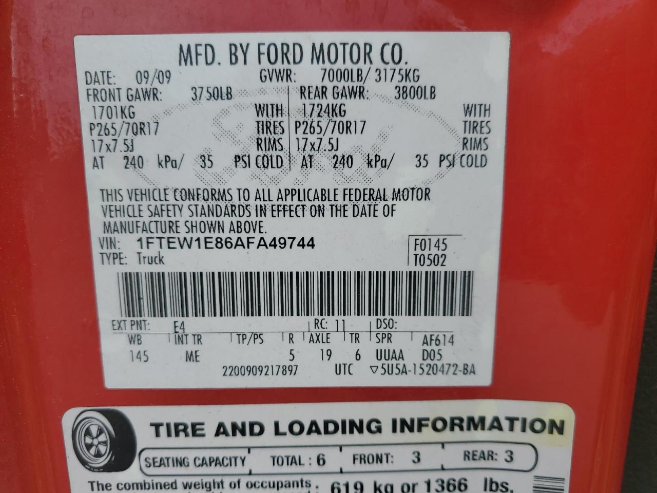 2010 Ford F150 Supercrew VIN: 1FTEW1E86AFA49744 Lot: 85576865