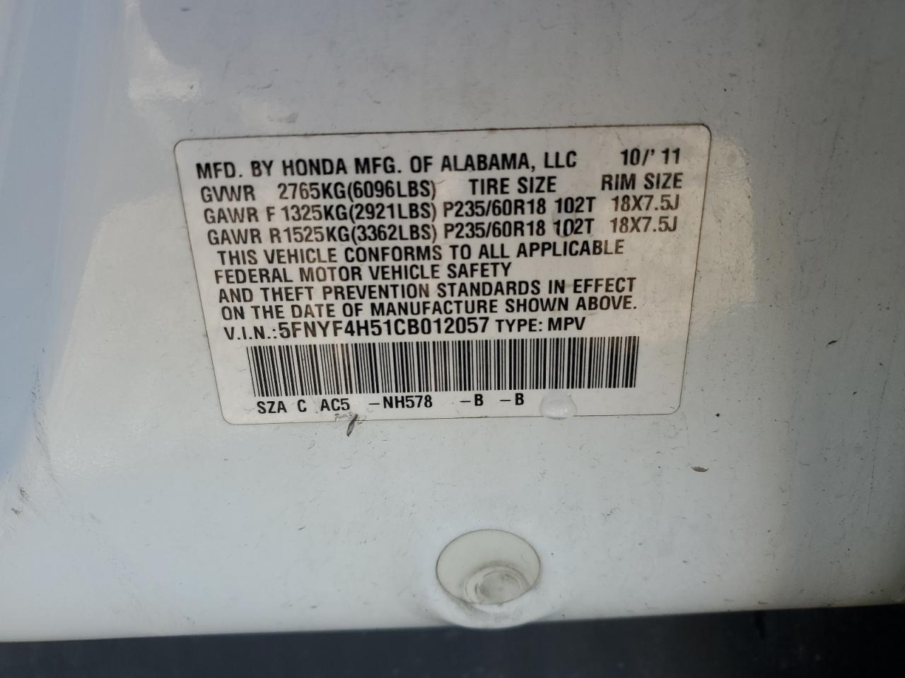 2012 Honda Pilot Exl VIN: 5FNYF4H51CB012057 Lot: 82327335