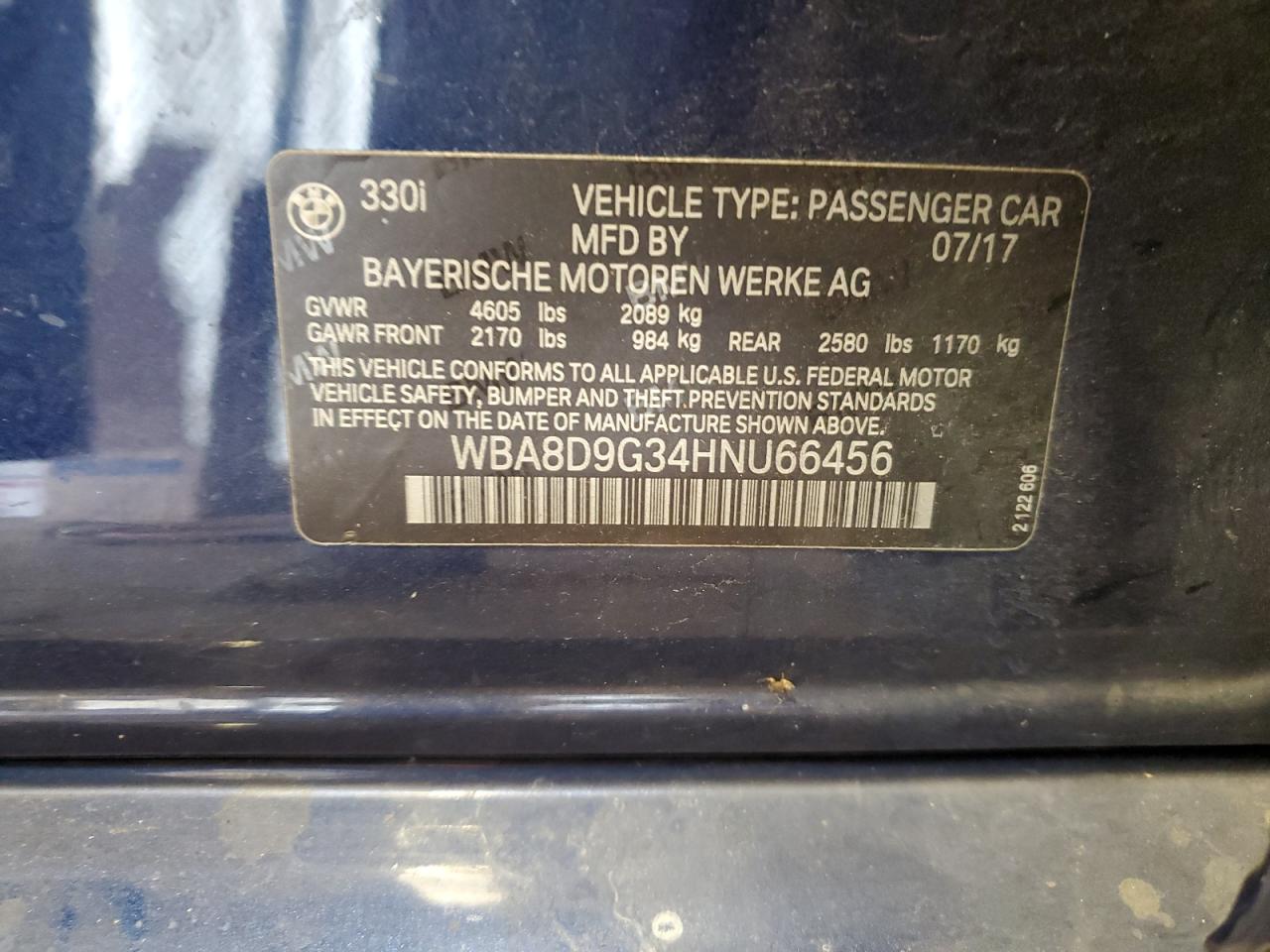 2017 BMW 330 Xi VIN: WBA8D9G34HNU66456 Lot: 84809275