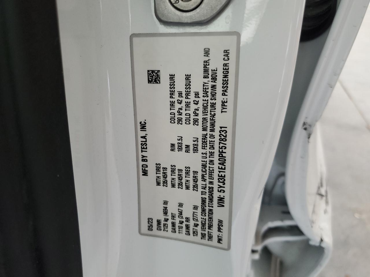 2023 Tesla Model 3 VIN: 5YJ3E1EA0PF578231 Lot: 86785915