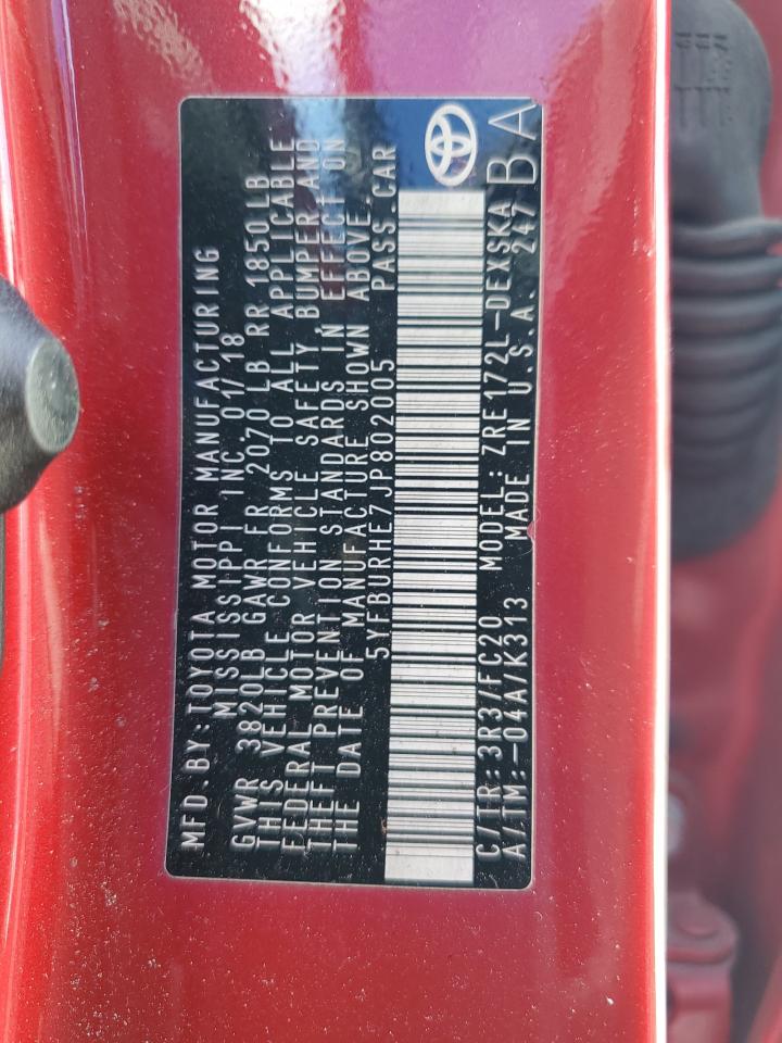 2018 Toyota Corolla L VIN: 5YFBURHE7JP802005 Lot: 82254255