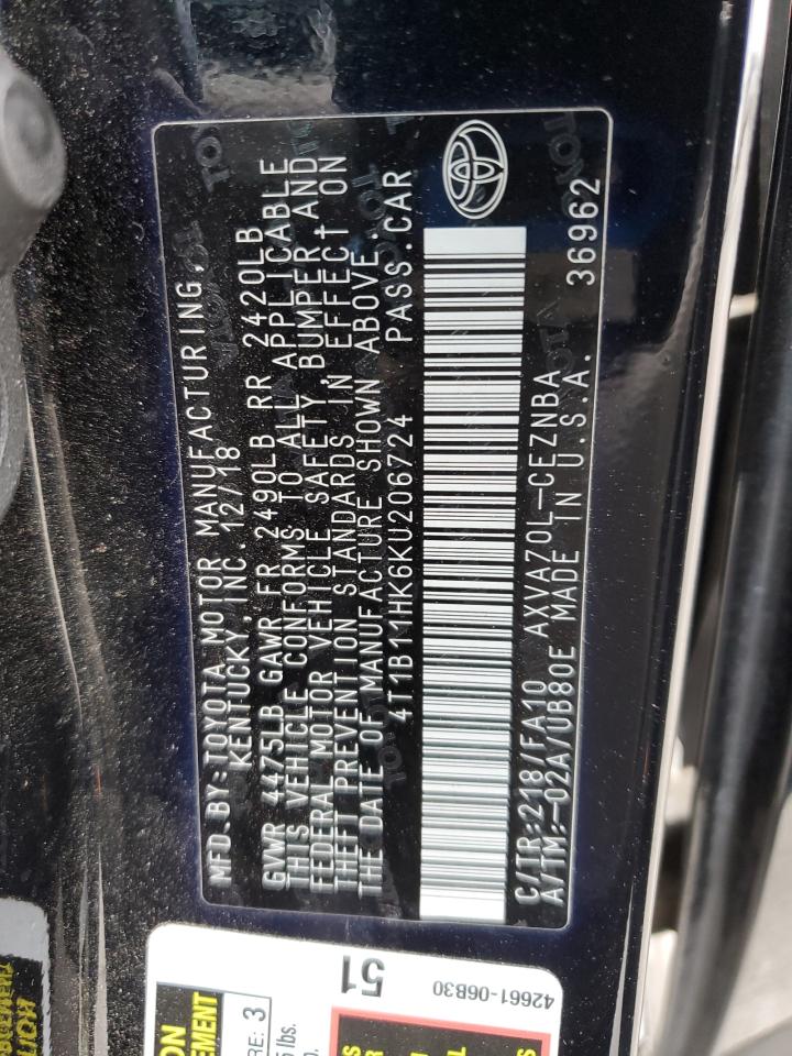 2019 Toyota Camry L VIN: 4T1B11HK6KU206724 Lot: 85738155