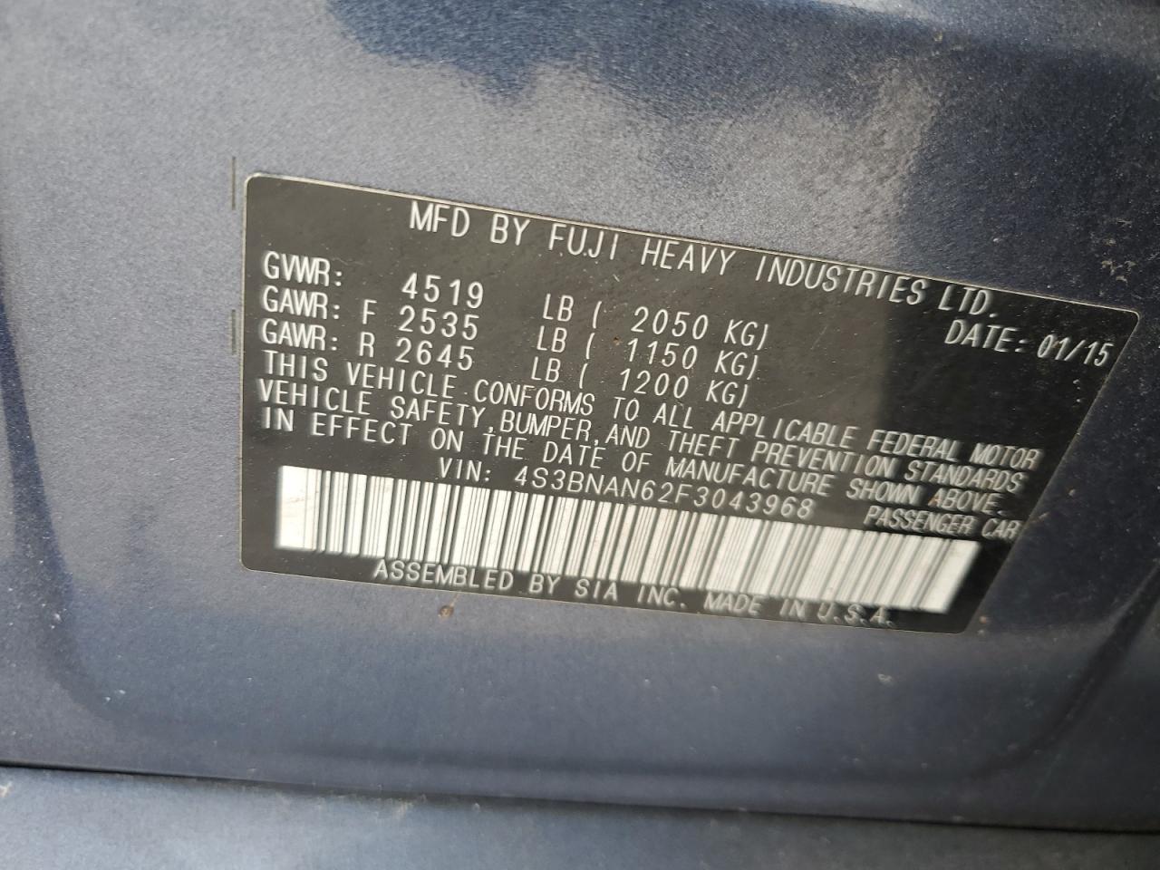 2015 Subaru Legacy 2.5I Limited VIN: 4S3BNAN62F3043968 Lot: 85725195