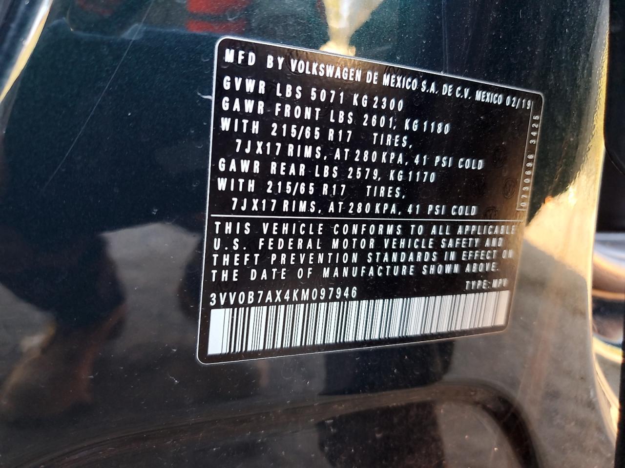 2019 Volkswagen Tiguan S VIN: 3VV0B7AX4KM097946 Lot: 81899655