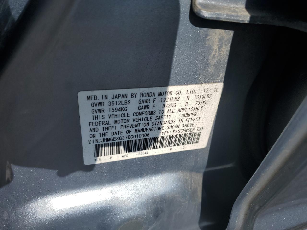 2011 Honda Fit VIN: JHMGE8G37BC010006 Lot: 86664335