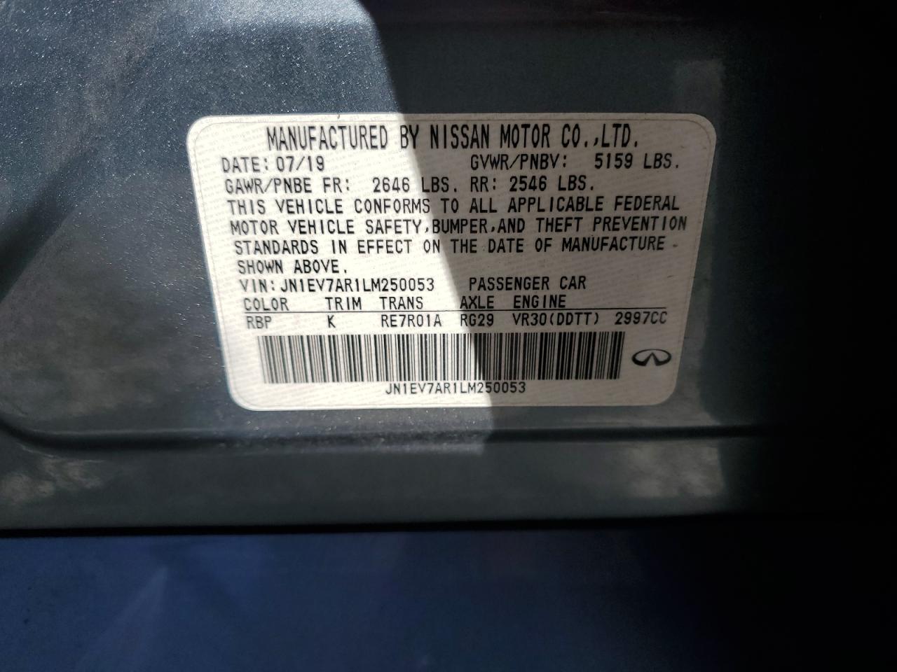 2020 Infiniti Q50 Pure VIN: JN1EV7AR1LM250053 Lot: 86624745