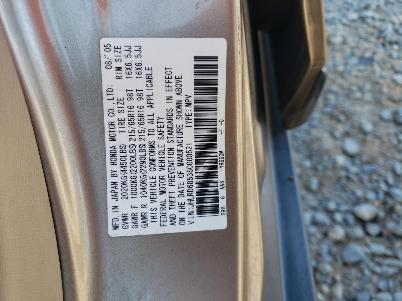 2006 Honda Cr-V Lx VIN: JHLRD68536C000521 Lot: 86551525