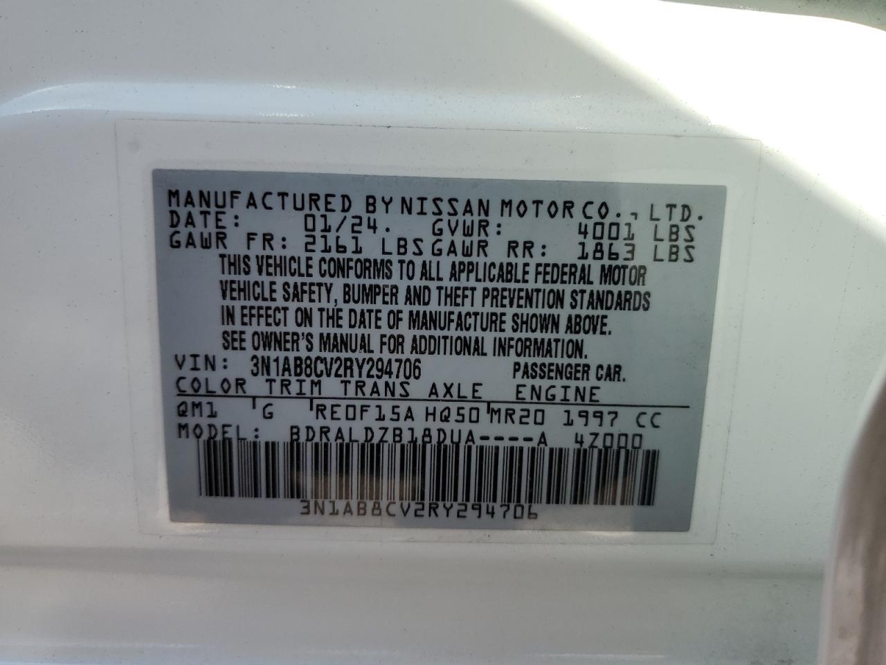 2024 Nissan Sentra Sv VIN: 3N1AB8CV2RY294706 Lot: 85364225