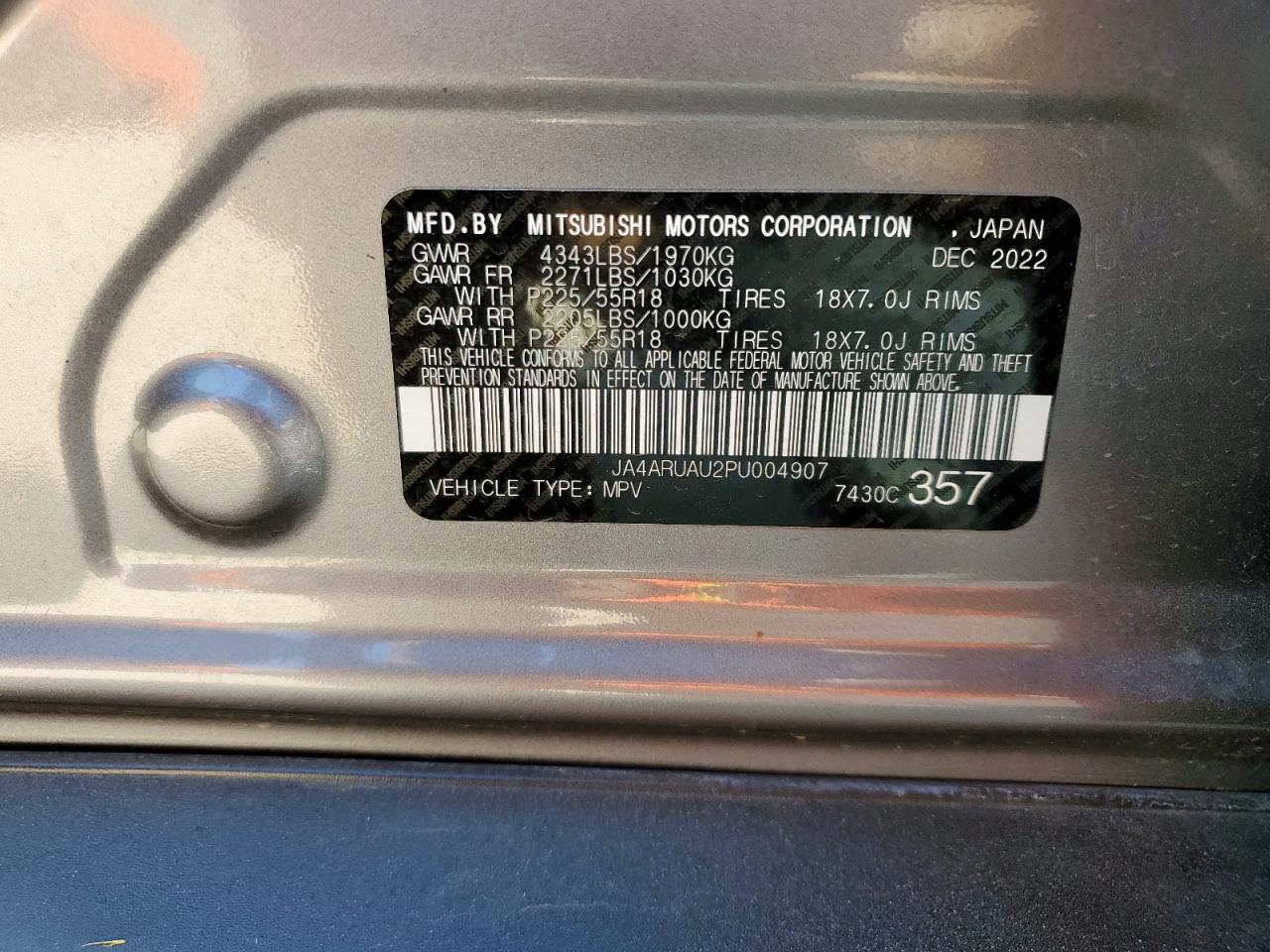 2023 Mitsubishi Outlander Sport S/Se VIN: JA4ARUAU2PU004907 Lot: 82453025