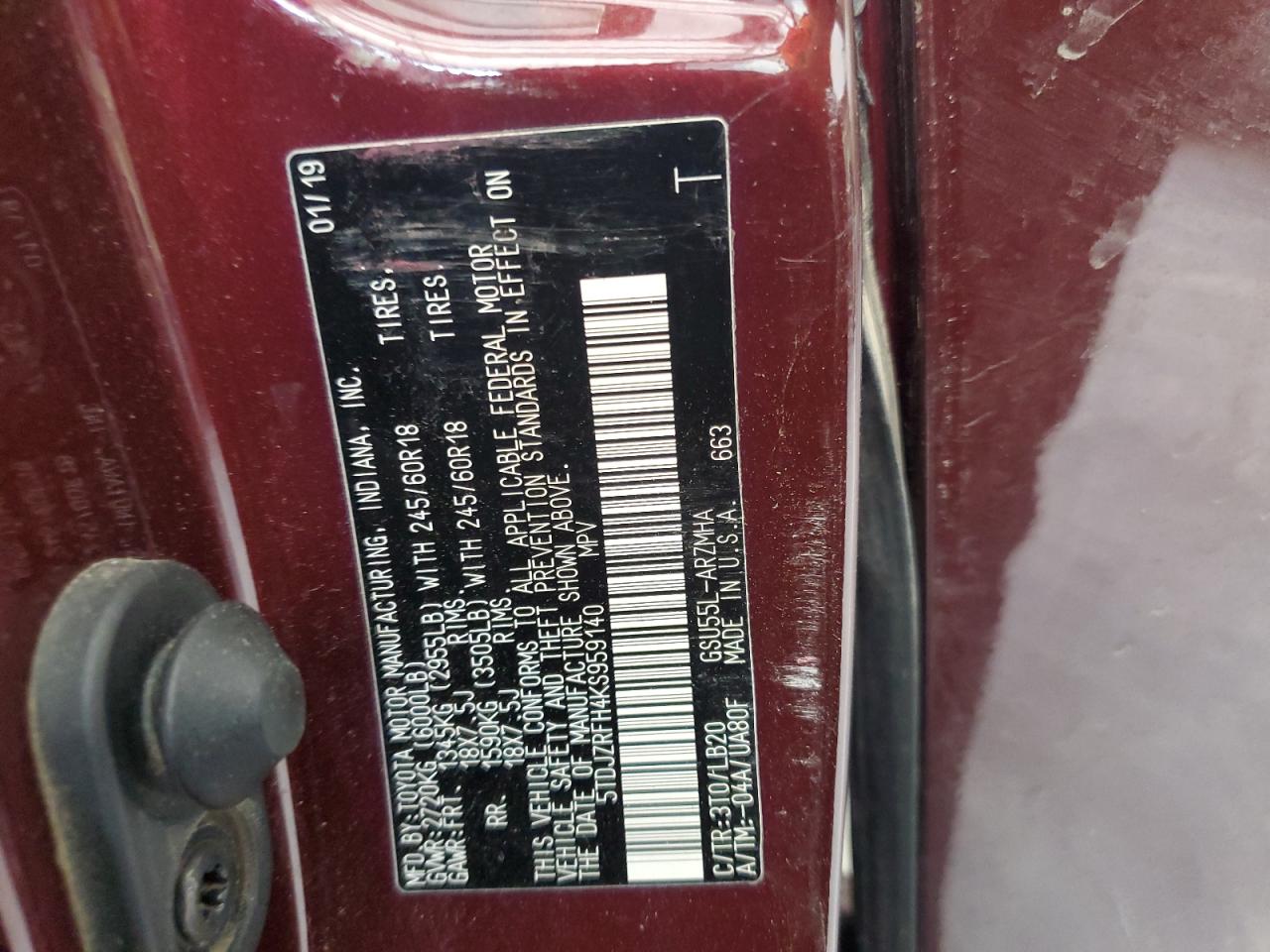 2019 Toyota Highlander Se VIN: 5TDJZRFH4KS959140 Lot: 84979235