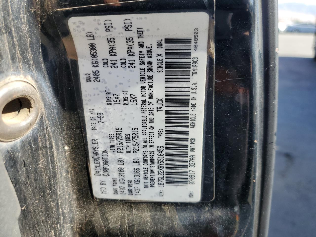 2000 Dodge Dakota VIN: 1B7GL22X8YS516456 Lot: 85931955