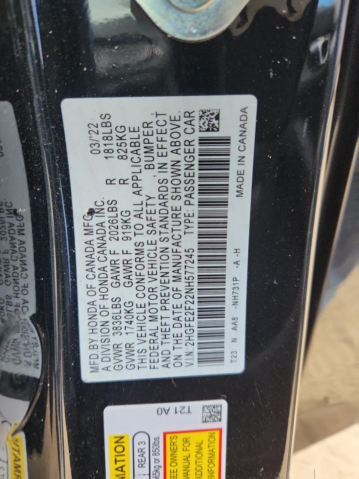 2022 Honda Civic Lx VIN: 2HGFE2F22NH577245 Lot: 84741255