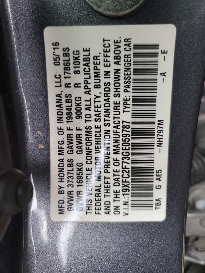 2016 Honda Civic Ex VIN: 19XFC2F73GE059787 Lot: 84660895