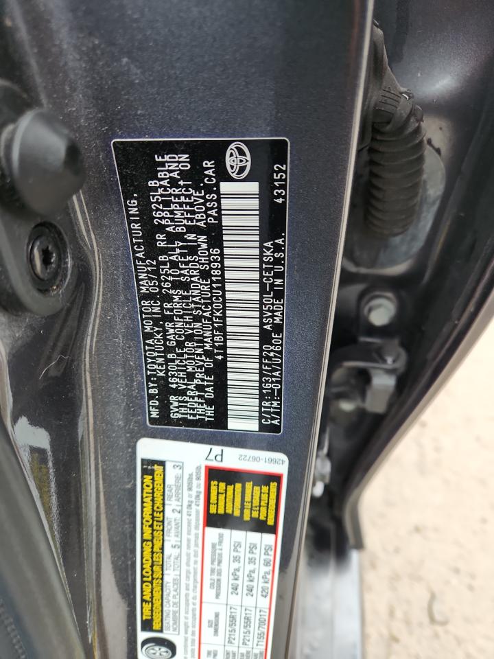 2012 Toyota Camry Base VIN: 4T1BF1FK0CU118936 Lot: 85755745