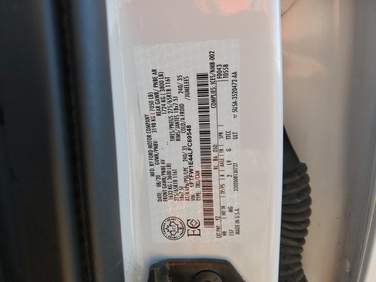 2020 Ford F150 Supercrew VIN: 1FTFW1E44LFC69548 Lot: 86637205