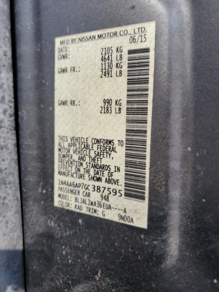 2016 Nissan Maxima 3.5S VIN: 1N4AA6AP7GC387595 Lot: 81120115