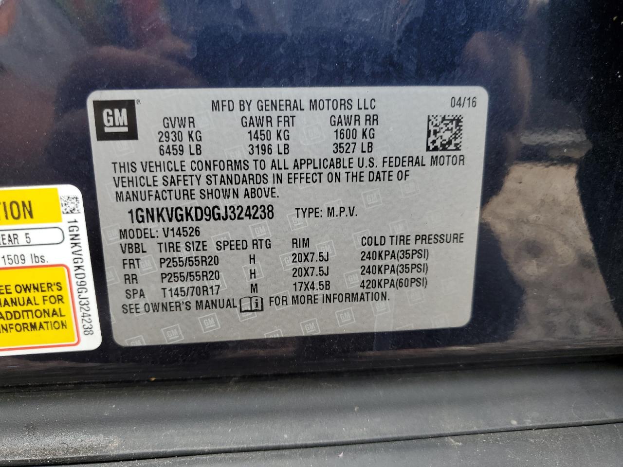 2016 Chevrolet Traverse Lt VIN: 1GNKVGKD9GJ324238 Lot: 82233025