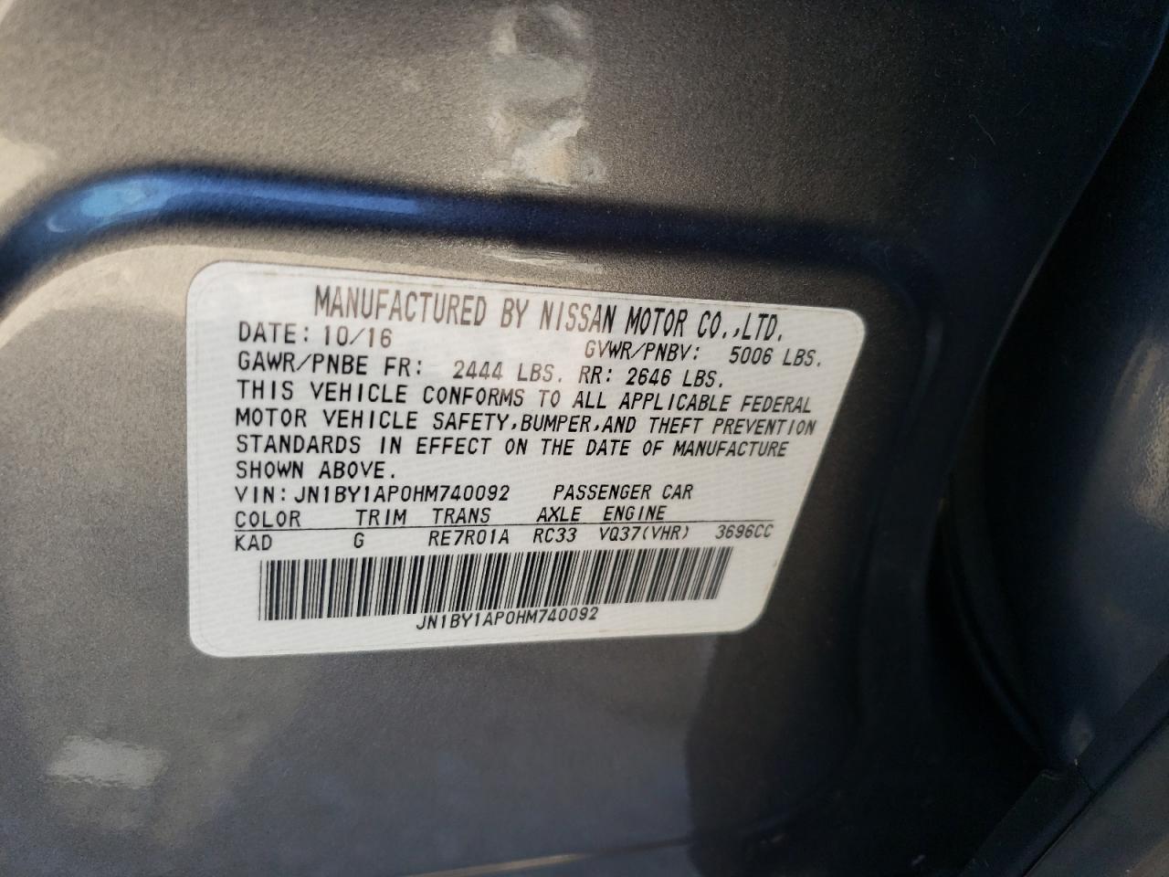 2017 Infiniti Q70 3.7 VIN: JN1BY1AP0HM740092 Lot: 84626415