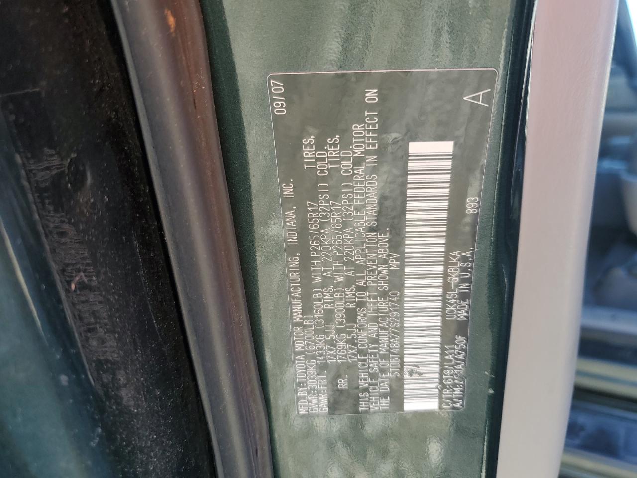 2007 Toyota Sequoia Limited VIN: 5TDBT48A77S291740 Lot: 86685135