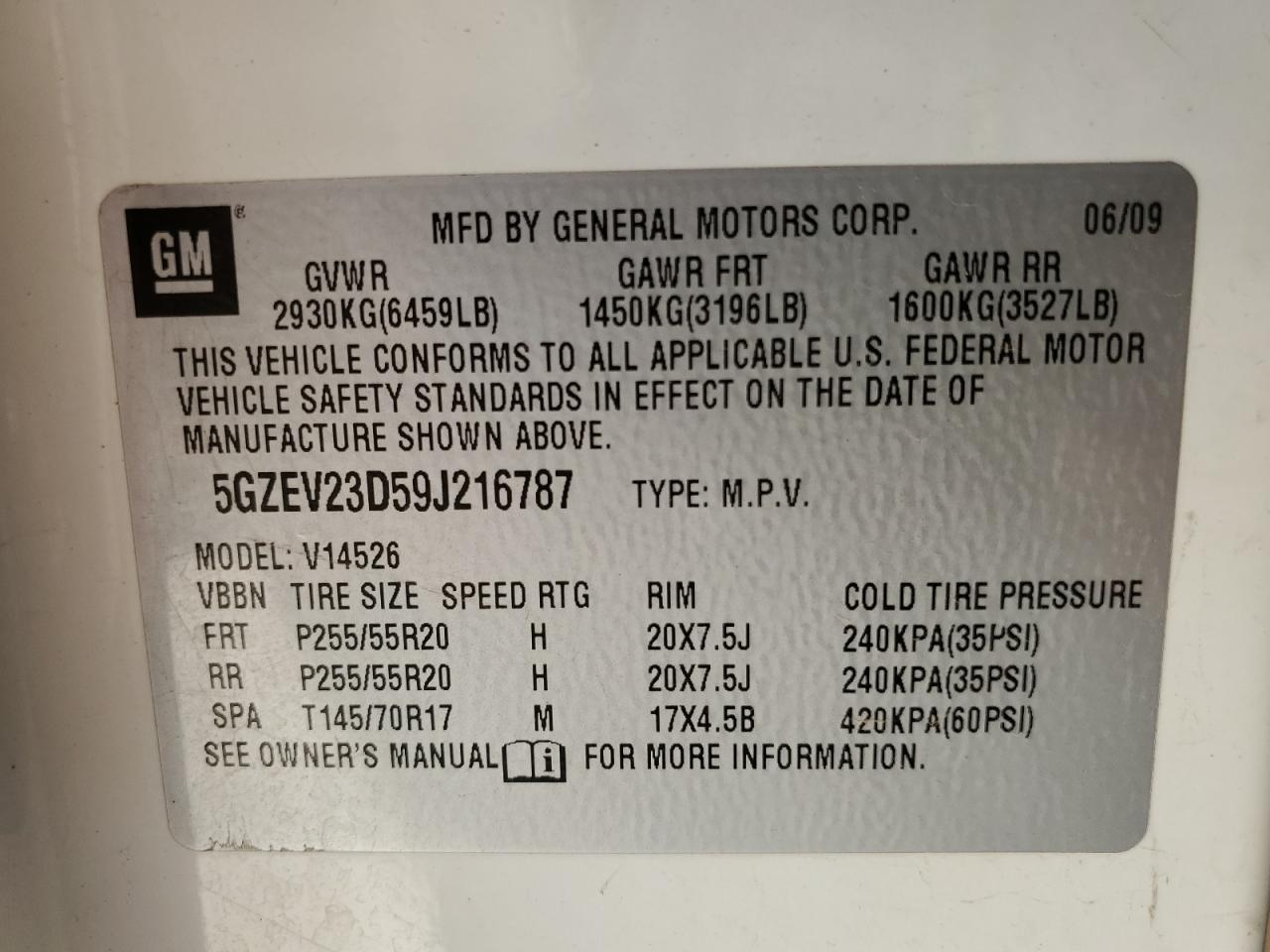 2009 Saturn Outlook Xr VIN: 5GZEV23D59J216787 Lot: 85507675