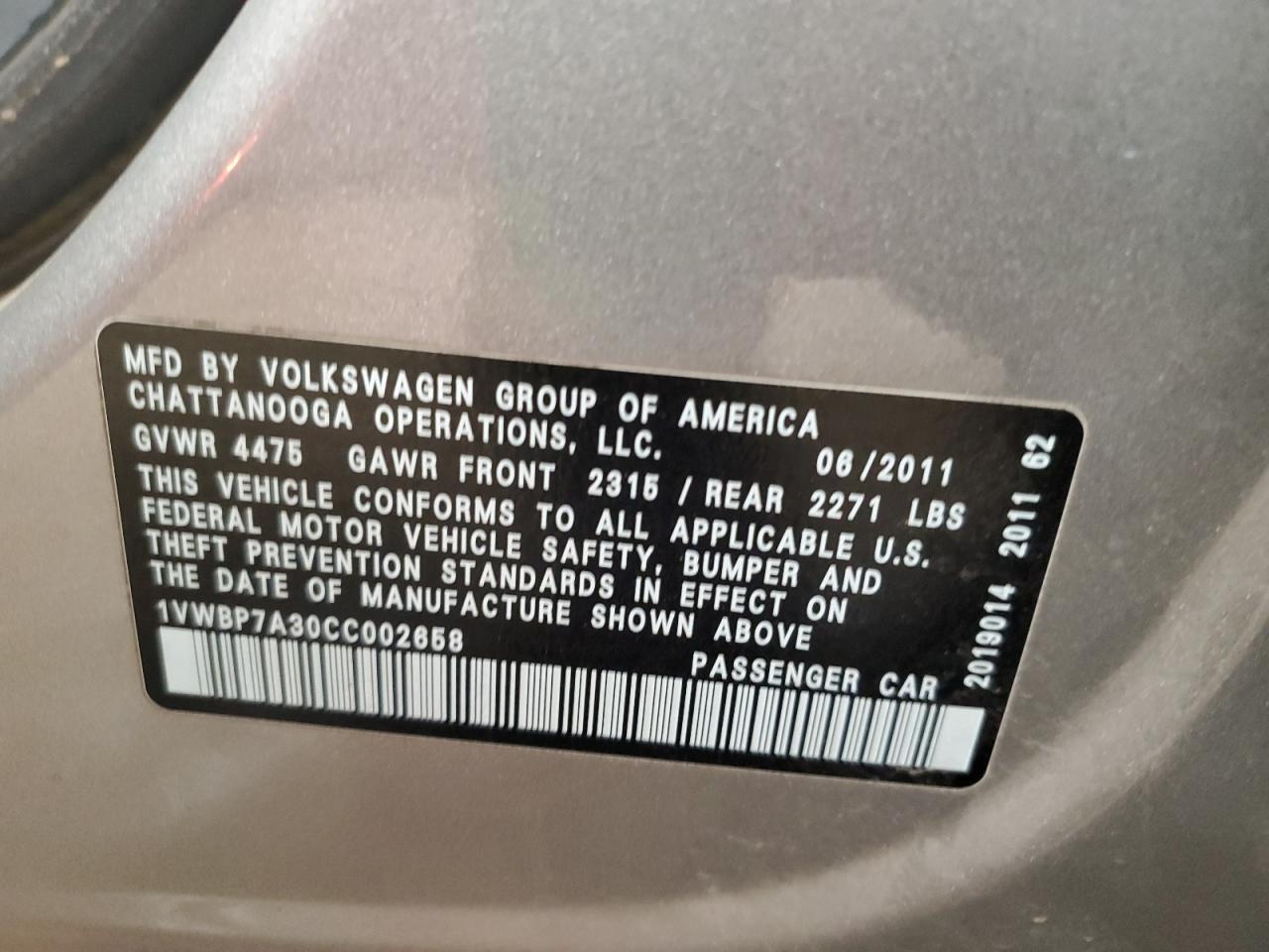 2012 Volkswagen Passat Se VIN: 1VWBP7A30CC002658 Lot: 84890695