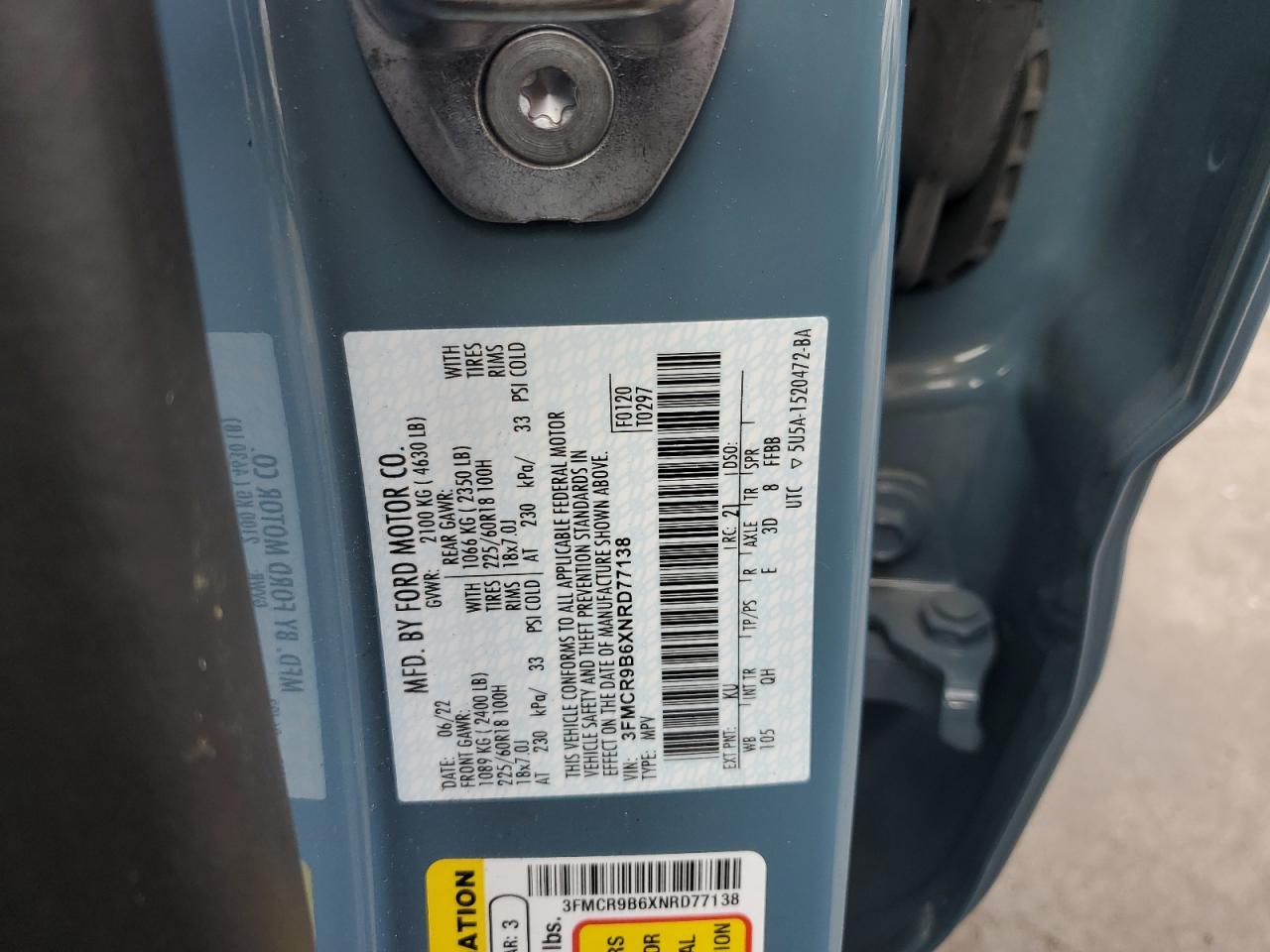 2022 Ford Bronco Sport Big Bend VIN: 3FMCR9B6XNRD77138 Lot: 82504655