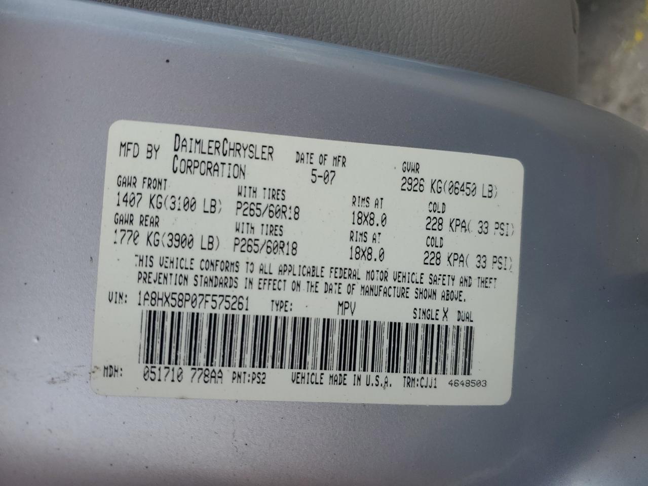 2007 Chrysler Aspen Limited VIN: 1A8HX58P07F575261 Lot: 81990955