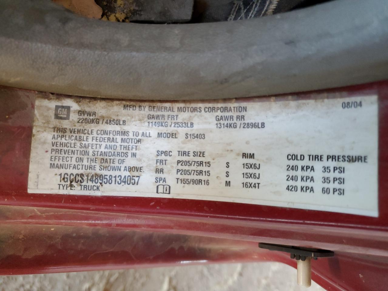 2005 Chevrolet Colorado VIN: 1GCCS148958134057 Lot: 85196085