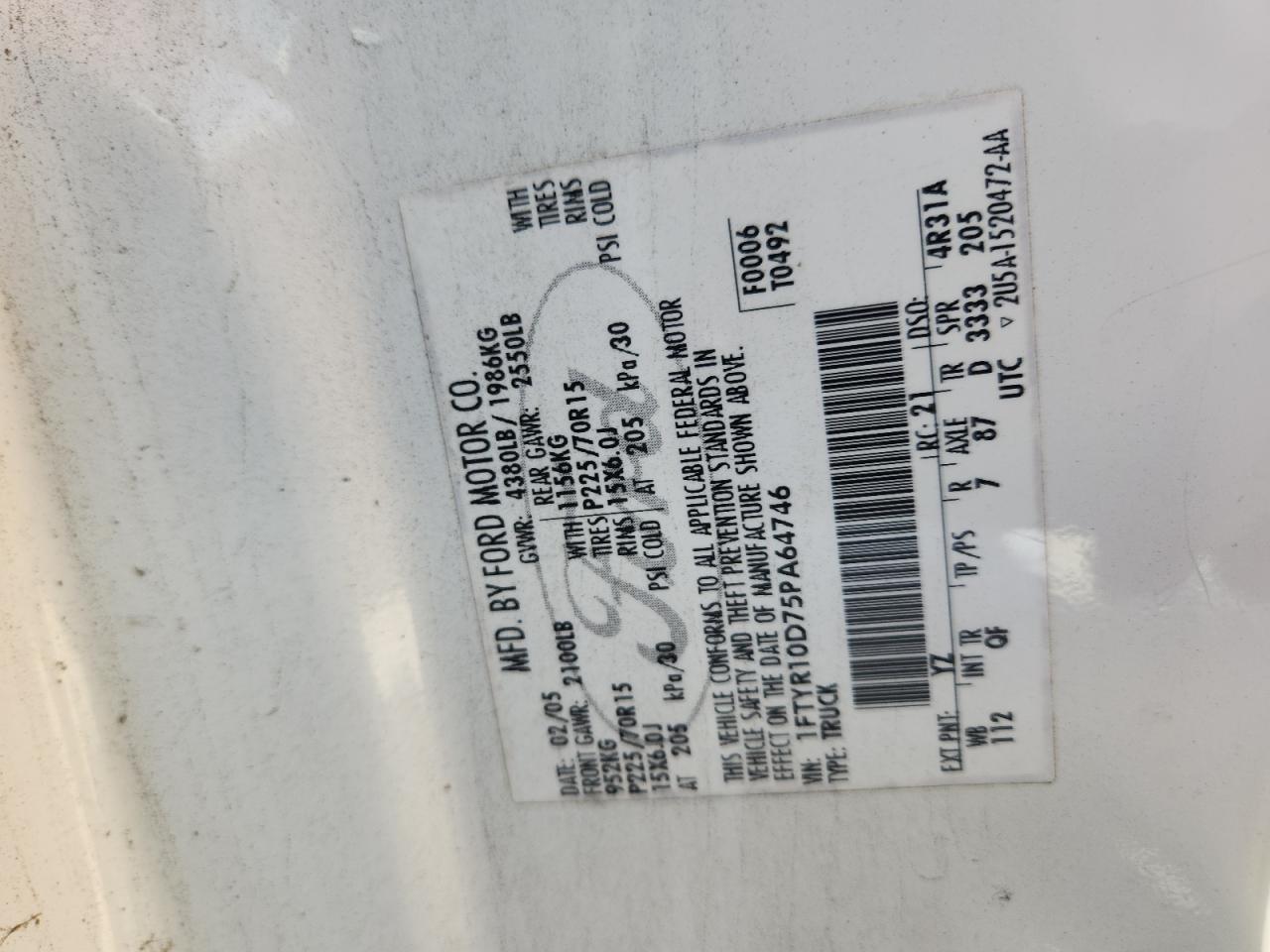 2005 Ford Ranger VIN: 1FTYR10D75PA64746 Lot: 89626175