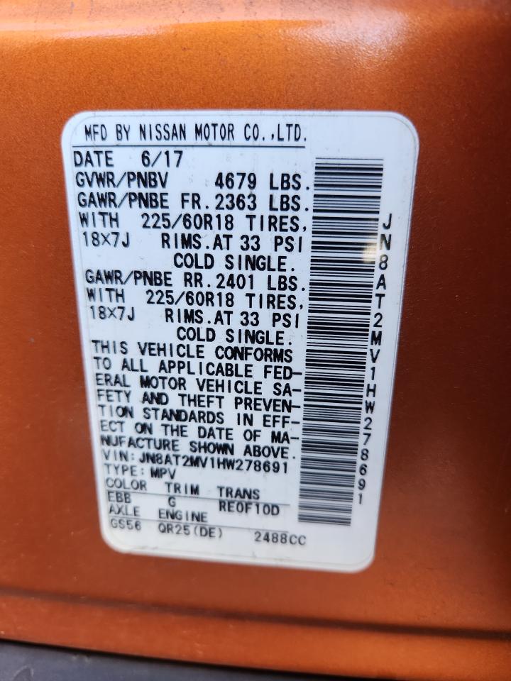 2017 Nissan Rogue S VIN: JN8AT2MV1HW278691 Lot: 85861545