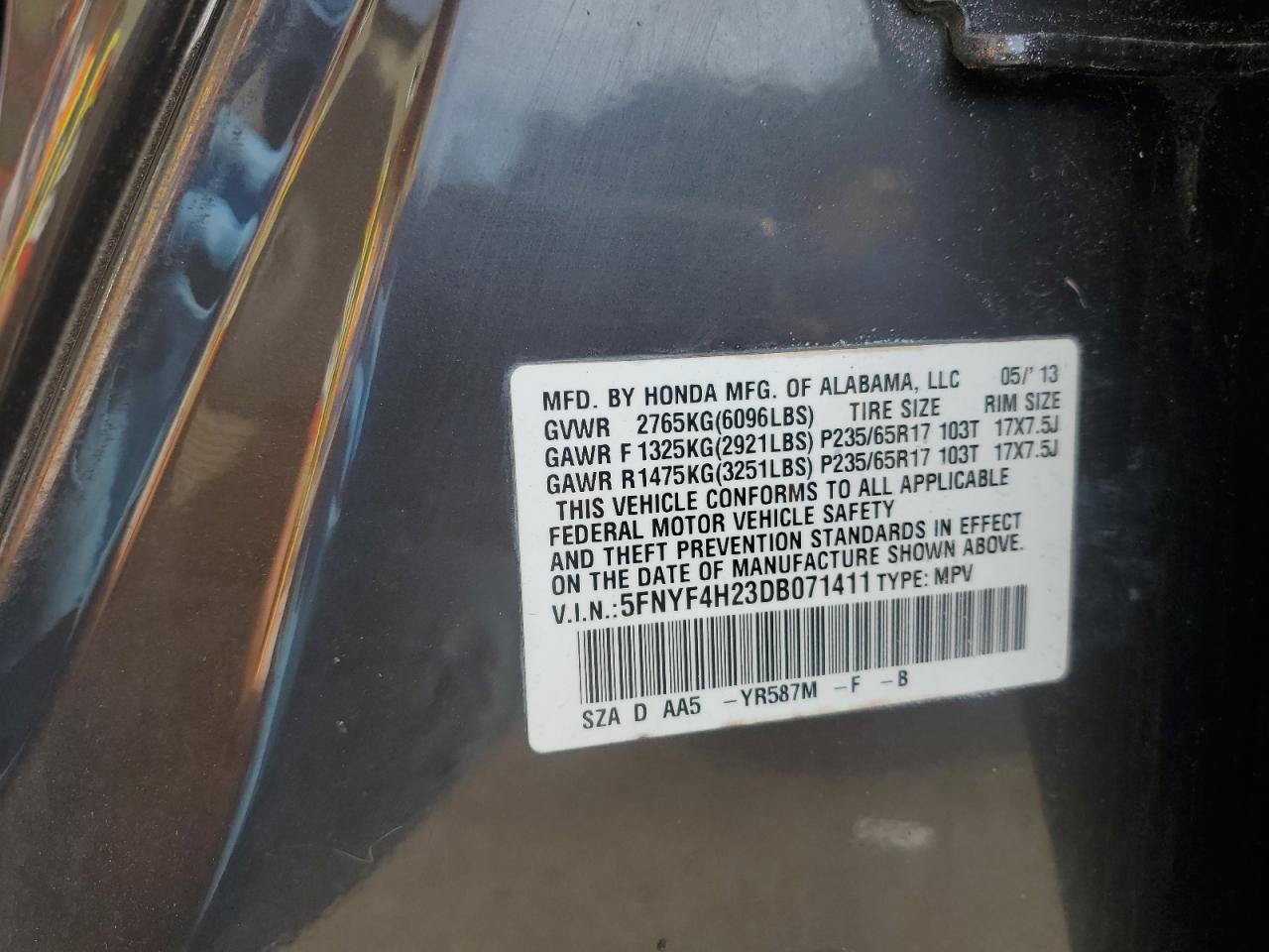 2013 Honda Pilot Lx VIN: 5FNYF4H23DB071411 Lot: 81990365