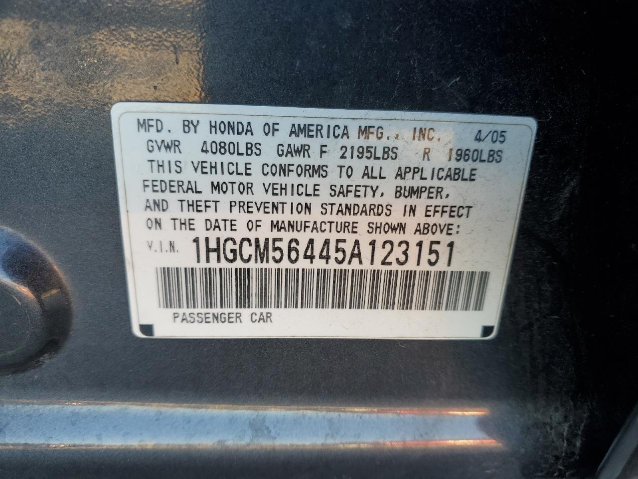 2005 Honda Accord Lx VIN: 1HGCM56445A123151 Lot: 85367015