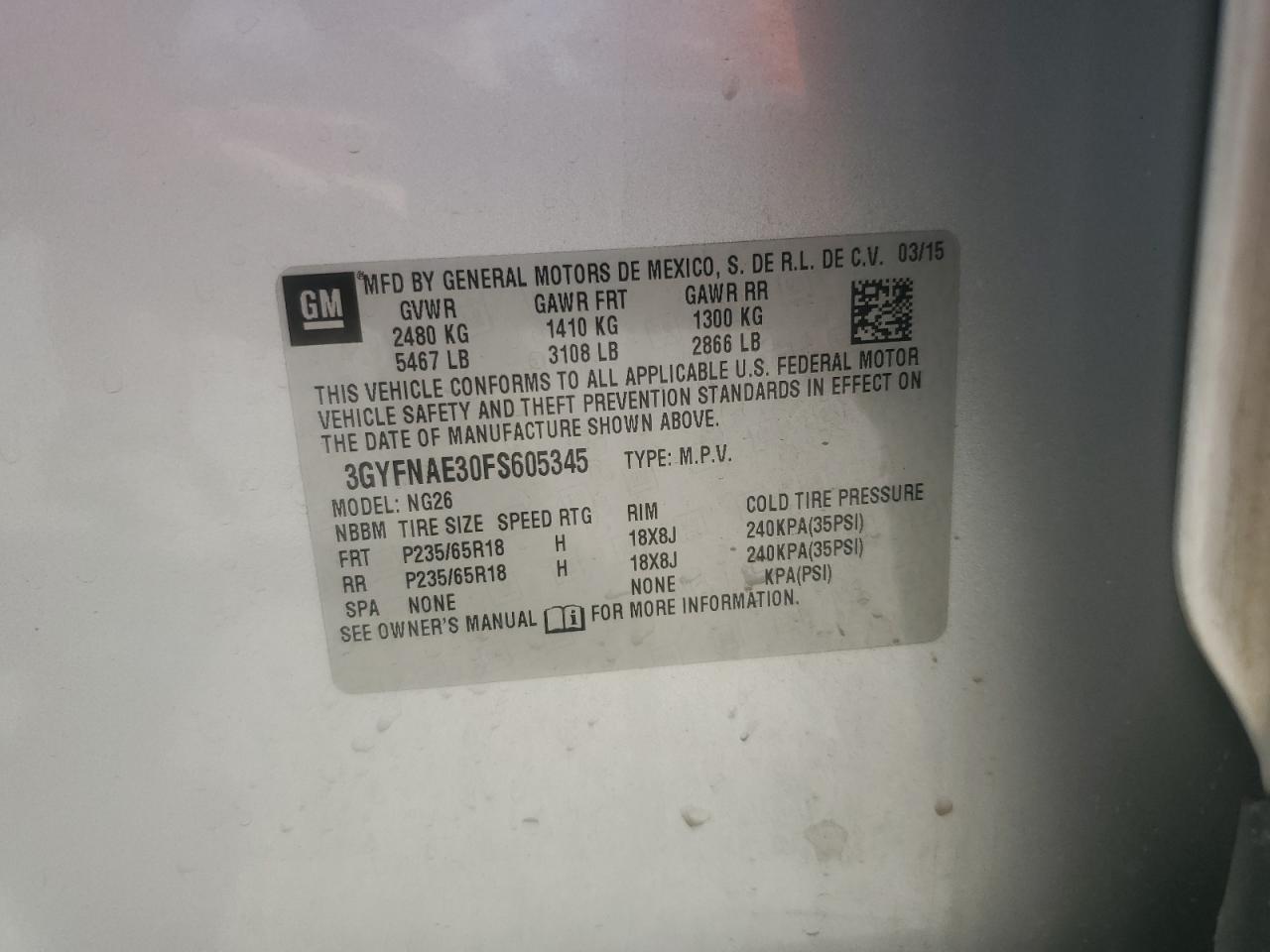 2015 Cadillac Srx VIN: 3GYFNAE30FS605345 Lot: 85704095