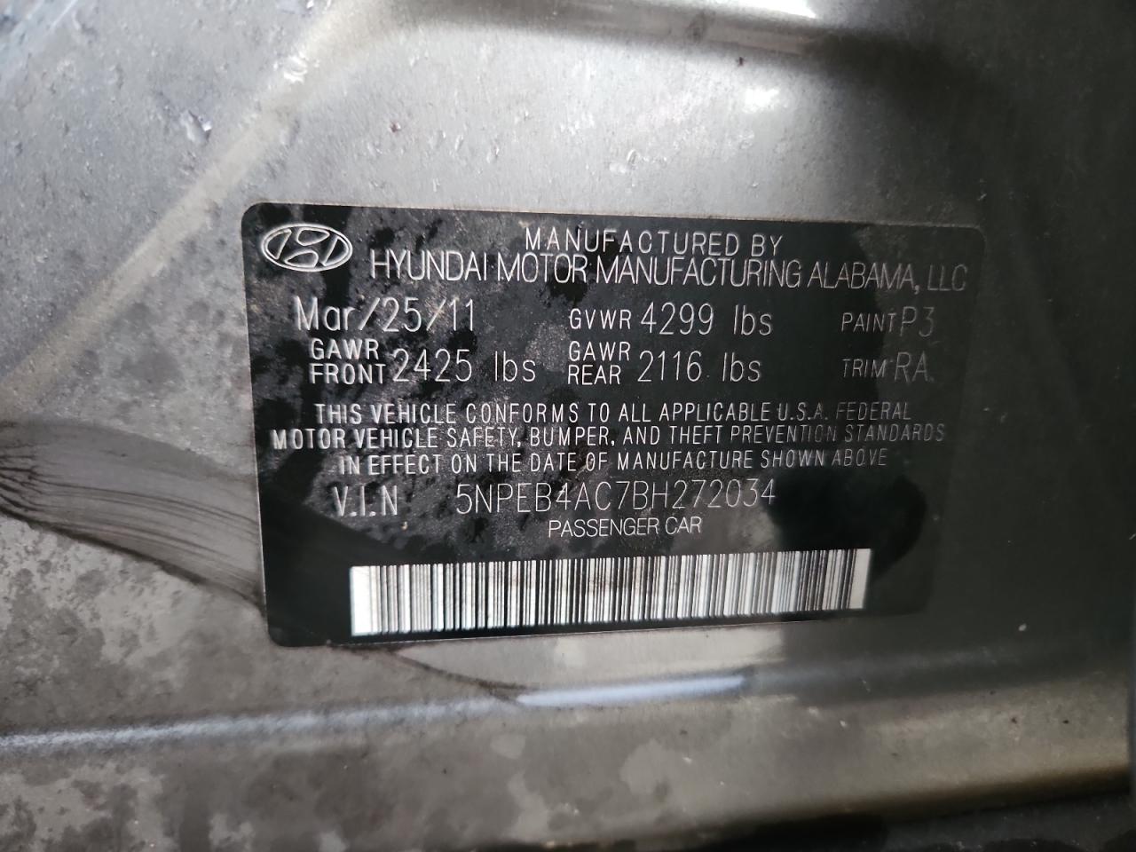 2011 Hyundai Sonata Gls VIN: 5NPEB4AC7BH272034 Lot: 90655815