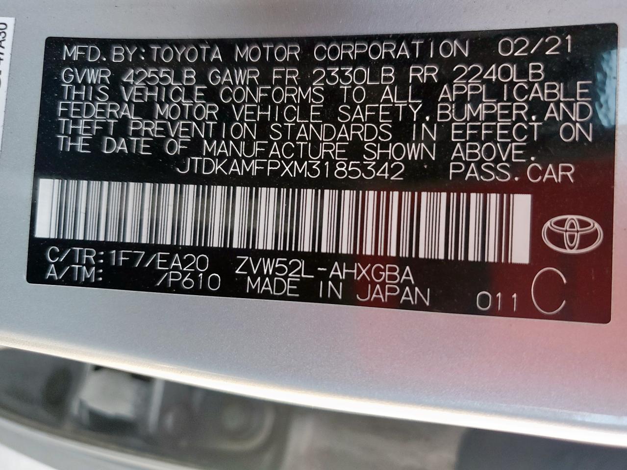 2021 Toyota Prius Prime Le VIN: JTDKAMFPXM3185342 Lot: 85370955