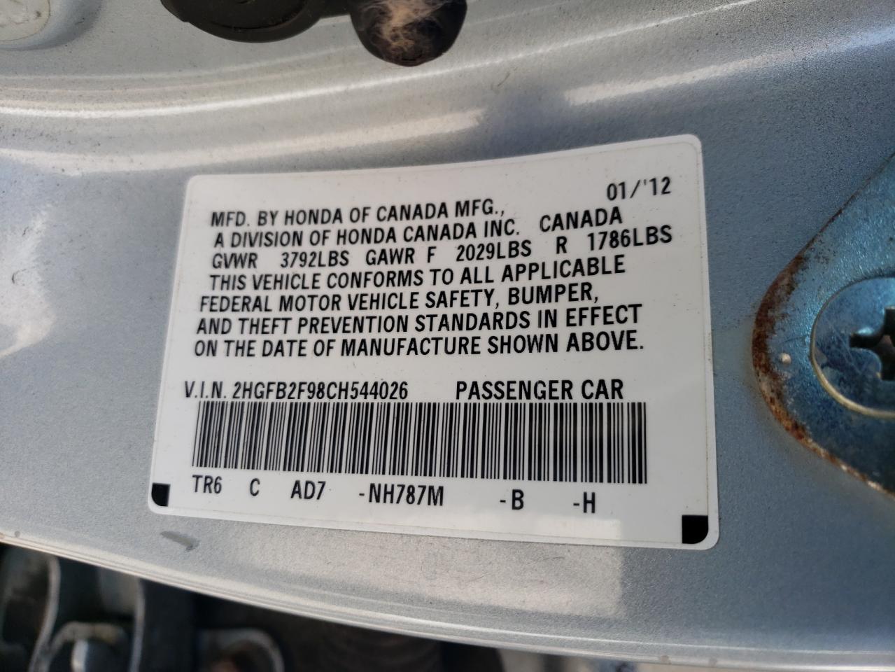 2012 Honda Civic Exl VIN: 2HGFB2F98CH544026 Lot: 85755065