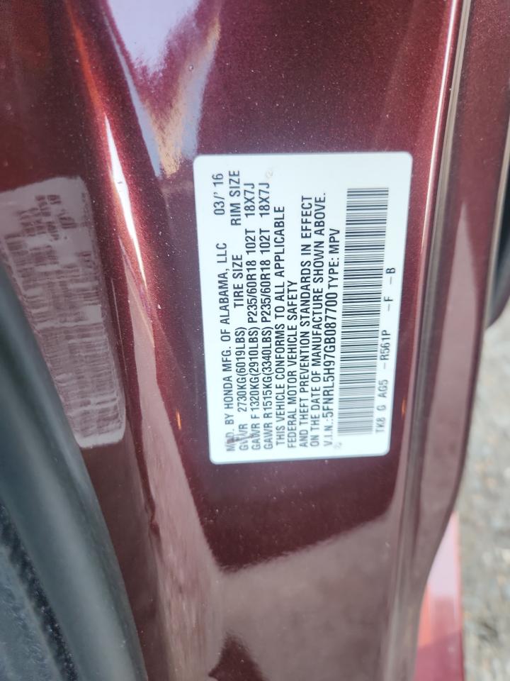 2016 Honda Odyssey Touring VIN: 5FNRL5H97GB087700 Lot: 84731575