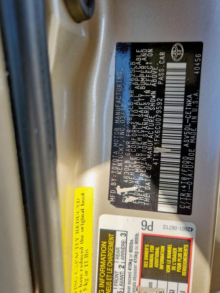 2012 Toyota Camry Base VIN: 4T1BF1FK6CU079592 Lot: 84427915