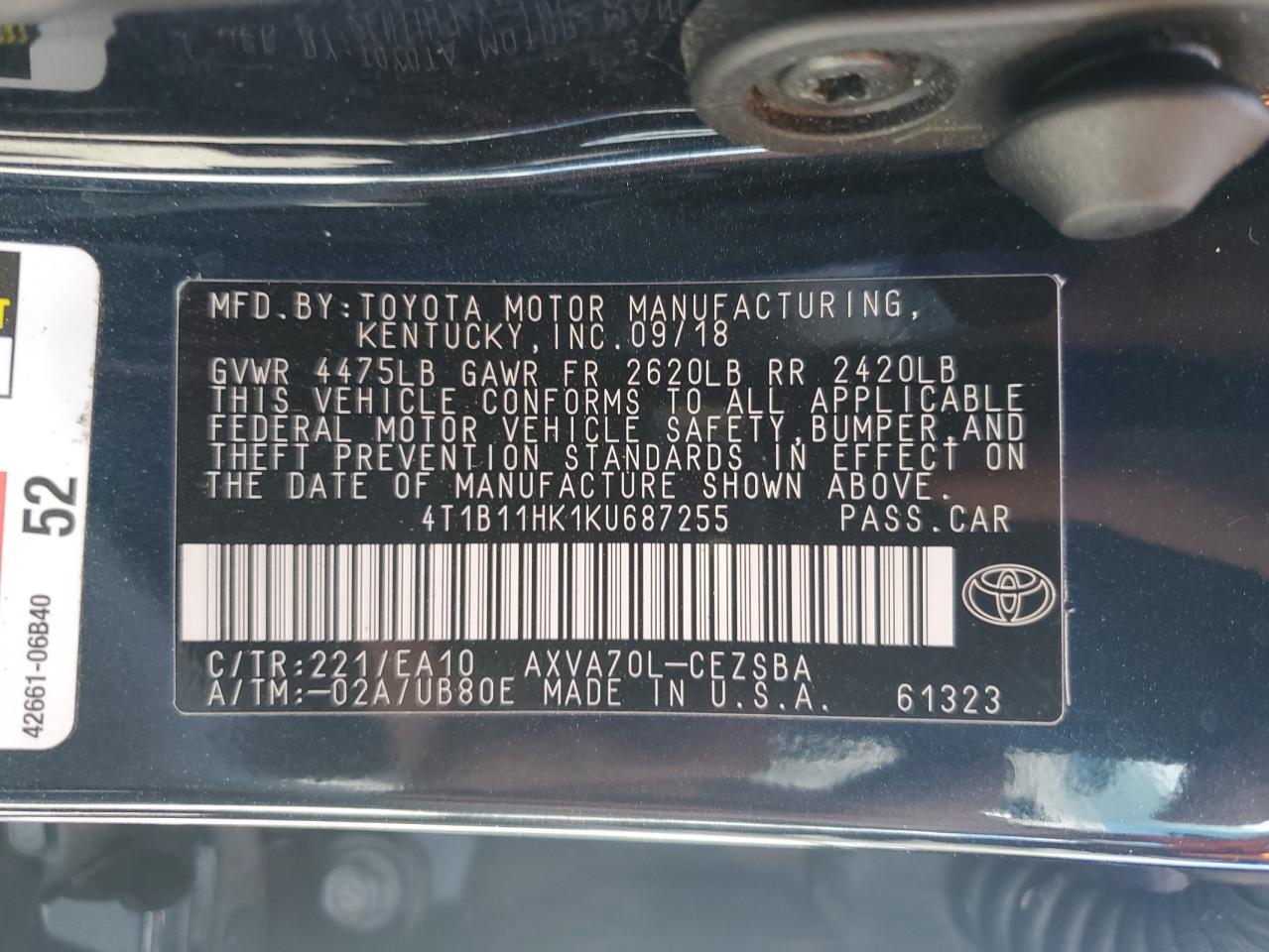 2019 Toyota Camry L VIN: 4T1B11HK1KU687255 Lot: 82176945