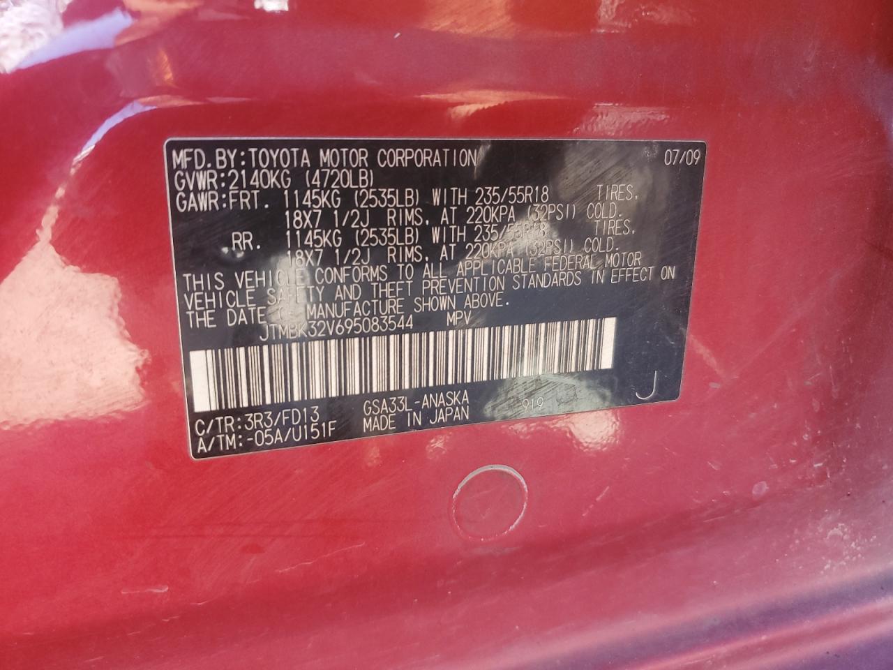 2009 Toyota Rav4 Sport VIN: JTMBK32V695083544 Lot: 87298365