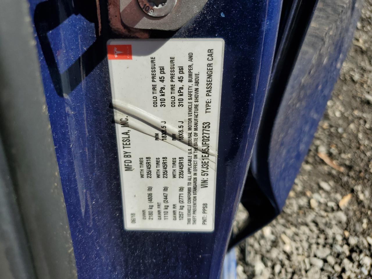 2018 Tesla Model 3 VIN: 5YJ3E1EA5JF027753 Lot: 86148995