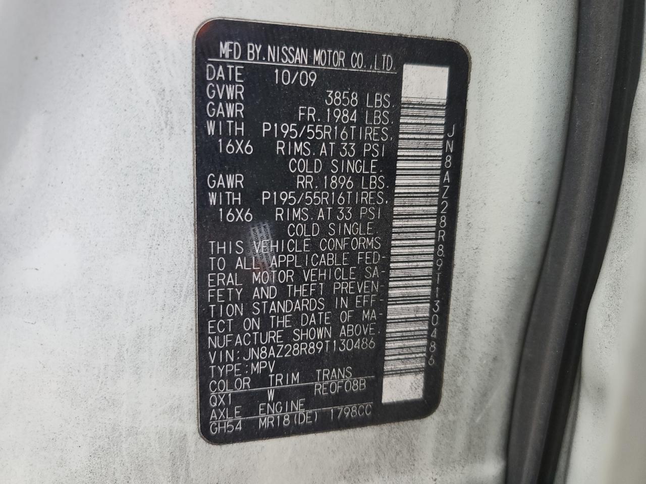 2009 Nissan Cube Base VIN: JN8AZ28R89T130486 Lot: 87273395