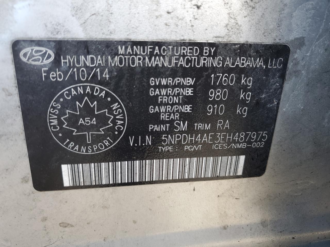 2014 Hyundai Elantra Se VIN: 5NPDH4AE3EH487975 Lot: 85384225