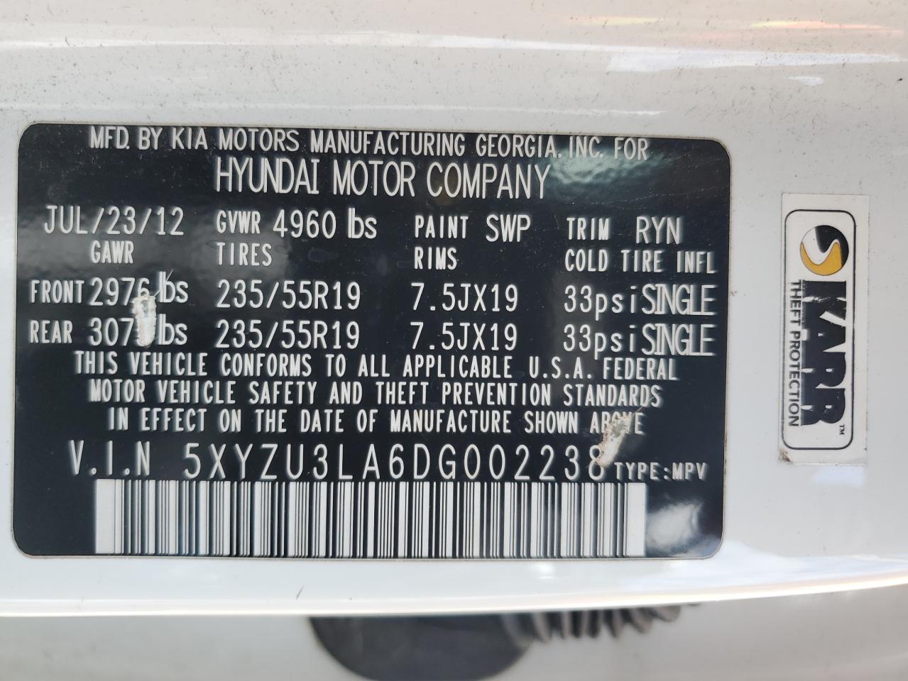 2013 Hyundai Santa Fe Sport VIN: 5XYZU3LA6DG002238 Lot: 82274255