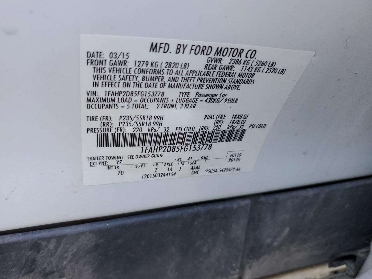 2015 Ford Taurus Se VIN: 1FAHP2D85FG153778 Lot: 86255605